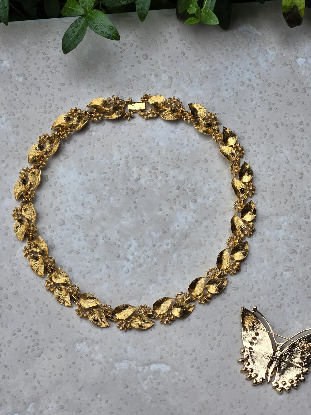 Napier Gold Floral Link Necklace Pink Green Enamel But